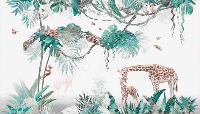 Papel pintado vinilos acuarela selva con animales infantil